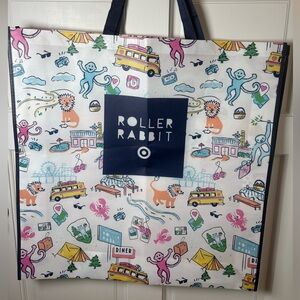 Roller Rabbit White Canvas Tote with Navy Logo and Multicolor Illustrations
